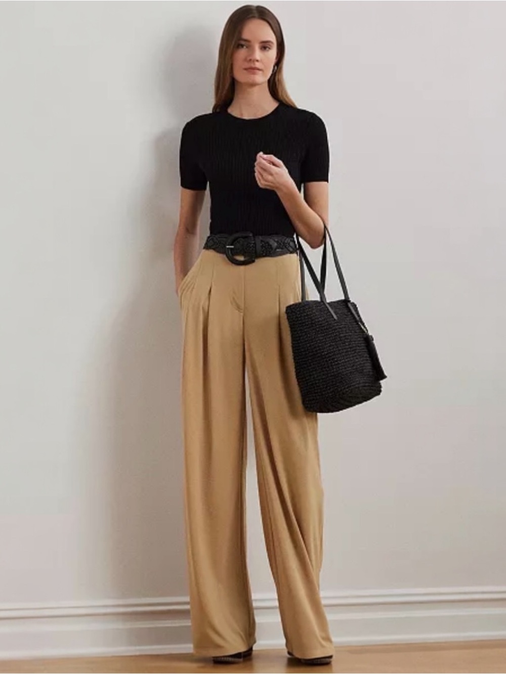 NWT Lauren Ralph Lauren Tan Wide Leg Pleated Stretch Jersey Pant